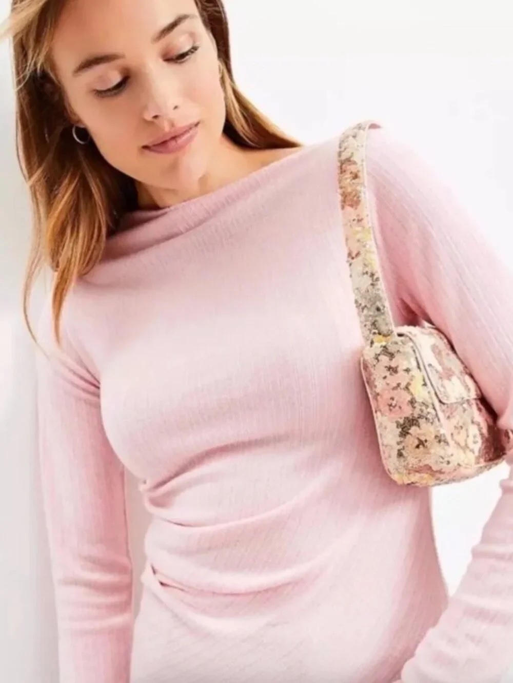 LOFT Cozy Ribbed Asymmetric Neck Top Pink Salt Size Large
